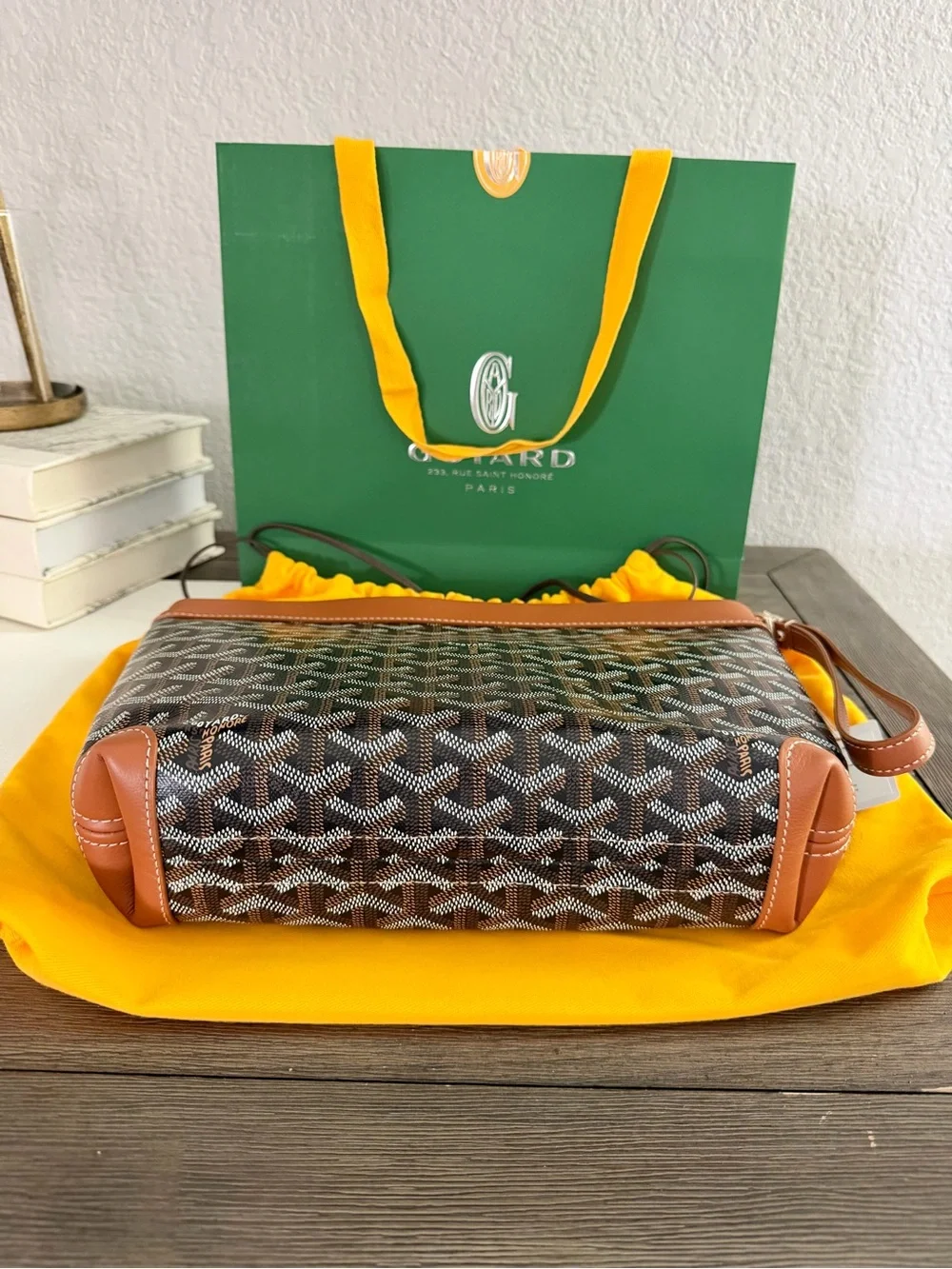 Goyard Brown Goyardine Zip Wristlet with Tan Leather Trim